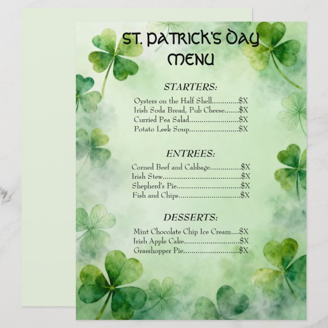 Shamrock Dream St. Patrick's Day Menu (Front/Back)