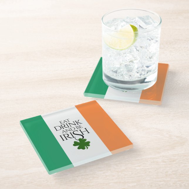 Shamrock Eat Drink and Be Irish Flag Glass Coaster (Angled)