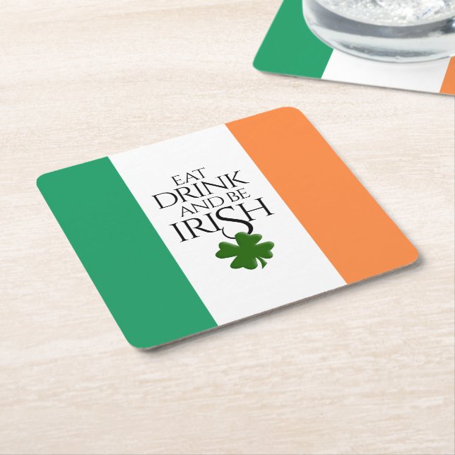 Shamrock Eat Drink and Be Irish Flag Square Paper Coaster (Angled)