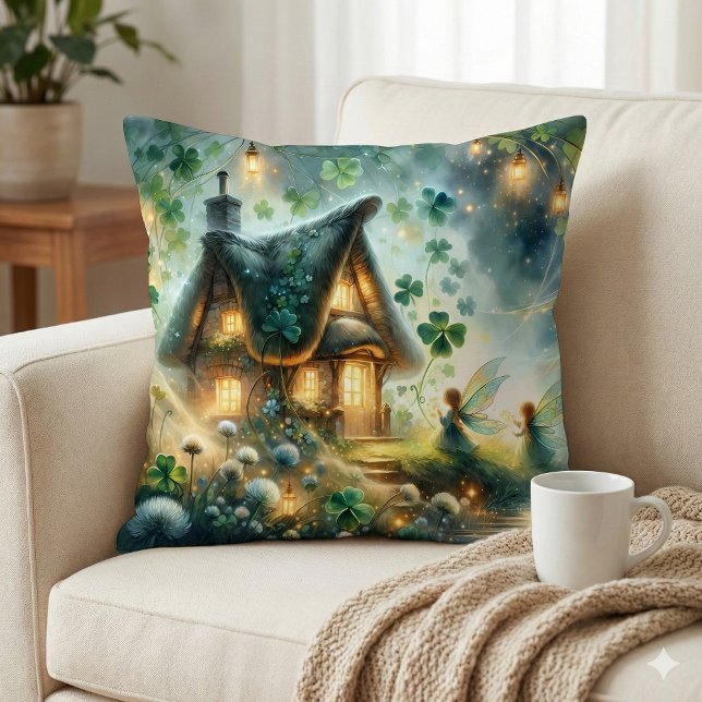 Shamrock Fairy Cottage Glow Cushion (Shamrock Fairy Cottage Glow Throw Pillow Mockup A)