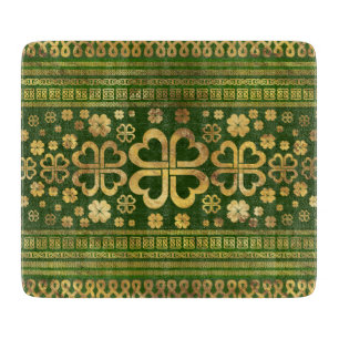 Shamrock Four-leaf Clover Green Wood and Gold Cutting Board