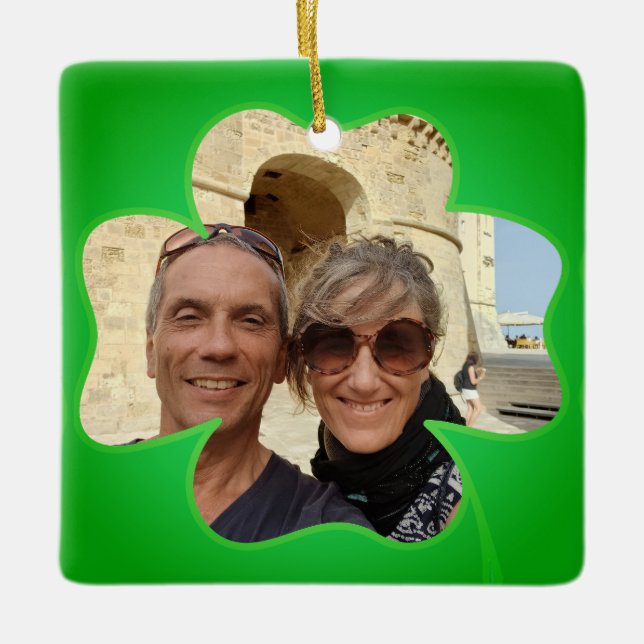 Shamrock Frame + Photo & Text Ceramic Ornament (Front)