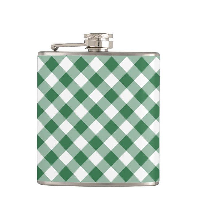 Shamrock Green and White Check Gingham Hip Flask (Front)