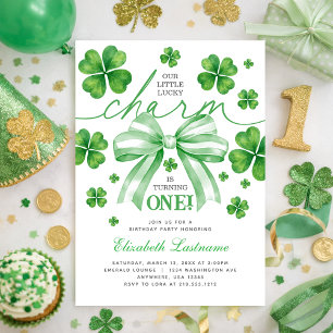 Shamrock Green Bow Lucky Charm 1st Birthday Invitation