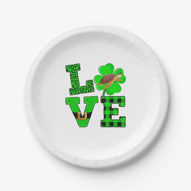 Shamrock Green Plaid Love Sea Turtle St Patrick'S Paper Plate (Front)