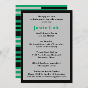 Shamrock Green Silver Stripes on Black Bar Mitzvah Invitation