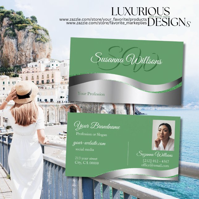 Shamrock Green Wavy Silver Decor Initials Photo Business Card (Creator Uploaded)