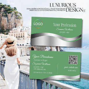 Shamrock Green Wavy Silver Decor with Logo QR Code Business Card