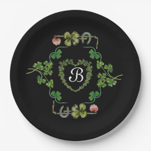 SHAMROCK HEART,FLOWERS,GREEN FLORAL MONOGRAM Black Paper Plate