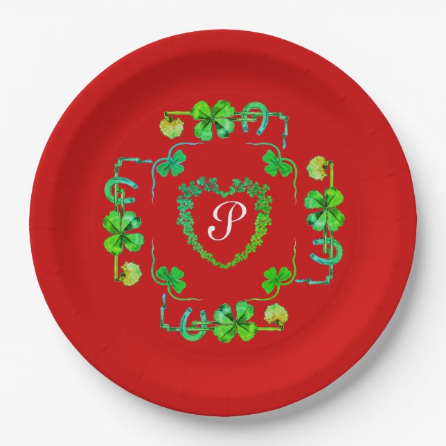 SHAMROCK HEART,FLOWERS,GREEN FLORAL MONOGRAM Red P Paper Plate (Front)