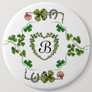 SHAMROCK HEART,FLOWERS,GREEN FLORAL MONOGRAM White 6 Cm Round Badge