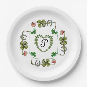 SHAMROCK HEART,FLOWERS,GREEN FLORAL MONOGRAM White Paper Plate