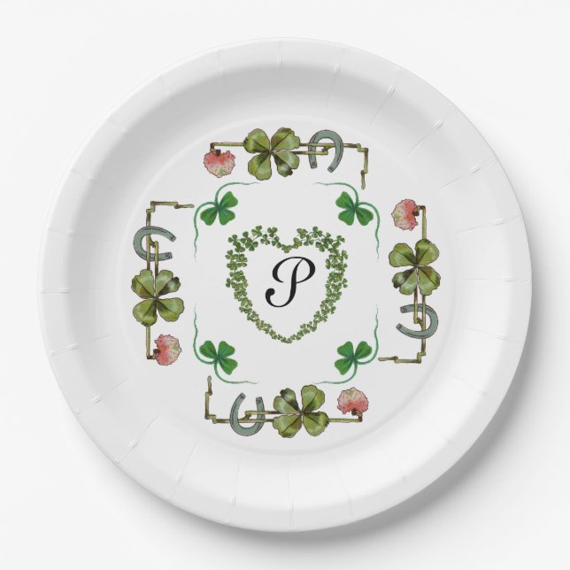 SHAMROCK HEART,FLOWERS,GREEN FLORAL MONOGRAM White Paper Plate (Front)