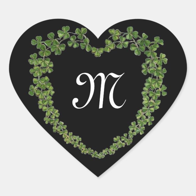SHAMROCK HEART MONOGRAM St Patrick's Day Black Heart Sticker (Front)