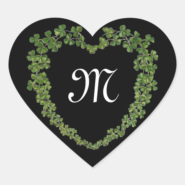 SHAMROCK HEART MONOGRAM St Patrick's Day Black Sticker (Front)