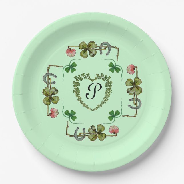 SHAMROCK HEART,PINK FLOWERS,GREEN FLORAL MONOGRAM  PAPER PLATE (Front)