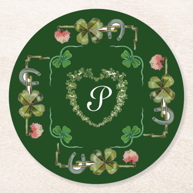 SHAMROCK HEART,PINK FLOWERS,GREEN FLORAL MONOGRAM ROUND PAPER COASTER (Front)