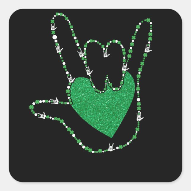 Shamrock I Love You Hands Sign Language ASL Square Sticker (Front)