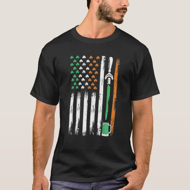 Shamrock Irish American Flag Draft Beer St Patrick T-Shirt (Front)