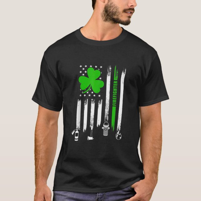 Shamrock Irish American Flag Firefighter St-Patric T-Shirt (Front)
