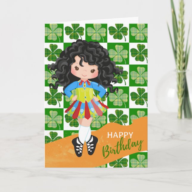 Shamrock Irish Dance Black Hair Girl Birthday Card (Front)