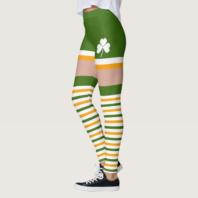 Shamrock Irish Green White Orange St Patricks Day Leggings (Left)