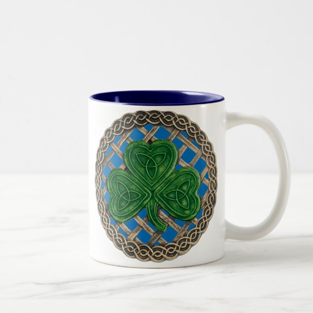 Shamrock, Lattice And Celtic Knots On Blue Mug (Right)