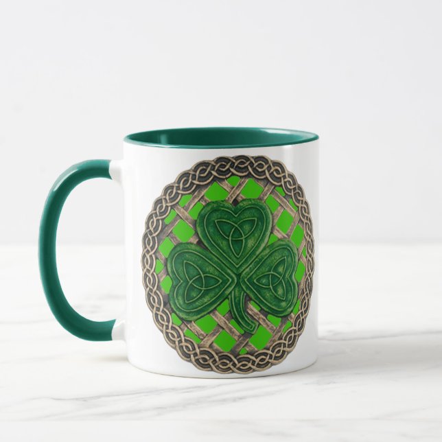 Shamrock, Lattice And Celtic Knots On Green Mug (Left)