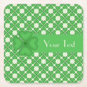 Shamrock leaf Clover Hearts pattern Customisable Square Paper Coaster