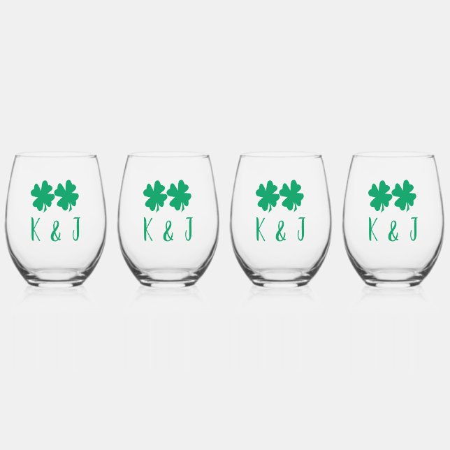 Shamrock Leaf Monogram St Patrick's Day Gift Set Stemless Wine Glass (Front)