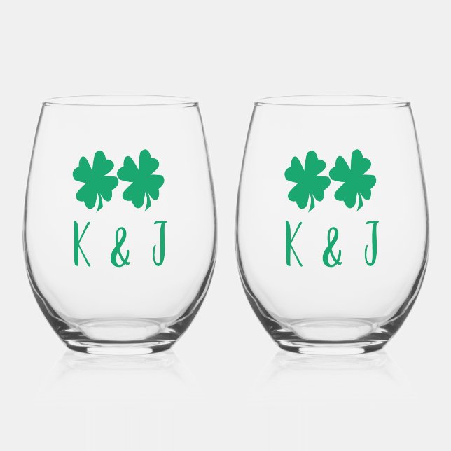 Shamrock Leaf Monogram St Patrick's Day Gift Stemless Wine Glass (Front)