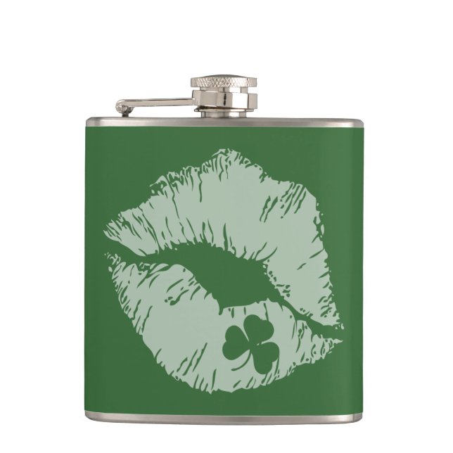Shamrock Lips - Kiss Me I'm Irish Flask (Front)