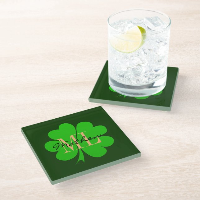 Shamrock & Lucky Clover leaf monogrammed / Irish G Glass Coaster (Angled)