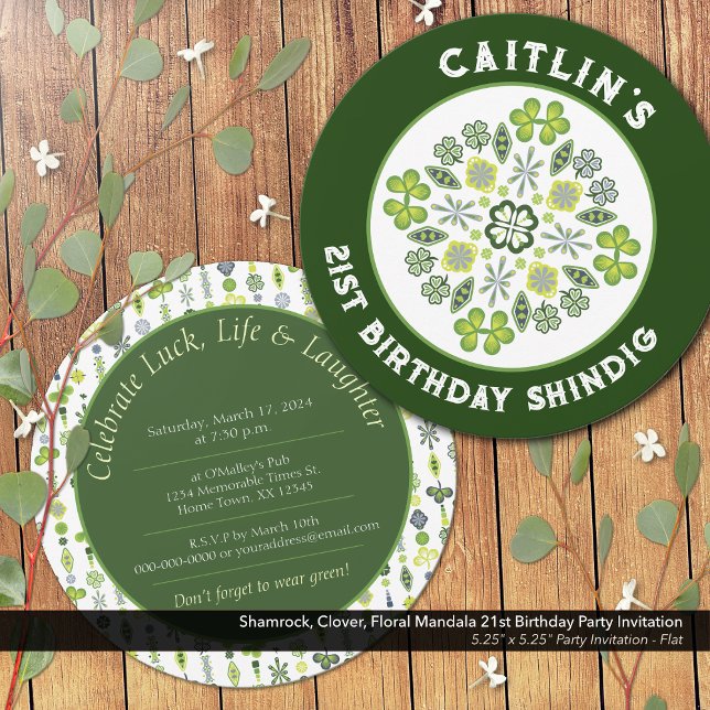 Shamrock Mandala 21st Birthday Party Invitation (Shamrock, Clover, and Floral Lucky Mandala: 21st Birthday Party Invitation)