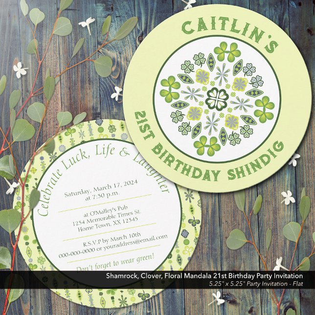 Shamrock Mandala 21st Birthday Party Invitation (Shamrock, Clover, and Floral Lucky Mandala: 21st Birthday Party Invitation)