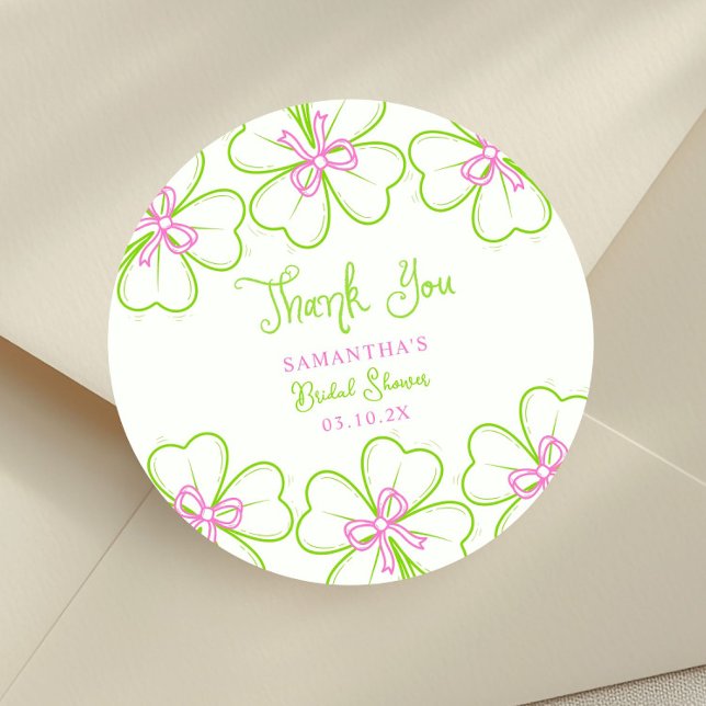  Shamrock Pink Green  Bridal Shower Thank You Classic Round Sticker (Creator Uploaded)