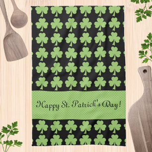 Shamrock Polka dot St Patrick Day Your text black Tea Towel