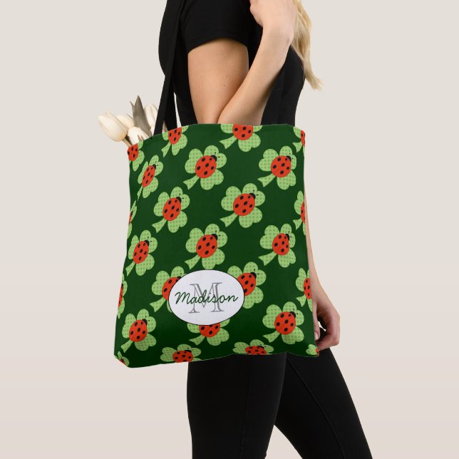 Shamrock Polka dots Ladybug Ladybird Monogram Tote Bag (Close Up)