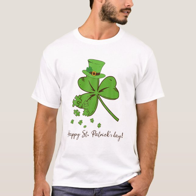 Shamrock Puzzles Autism Awareness St Patrick's Day T-Shirt (Front)