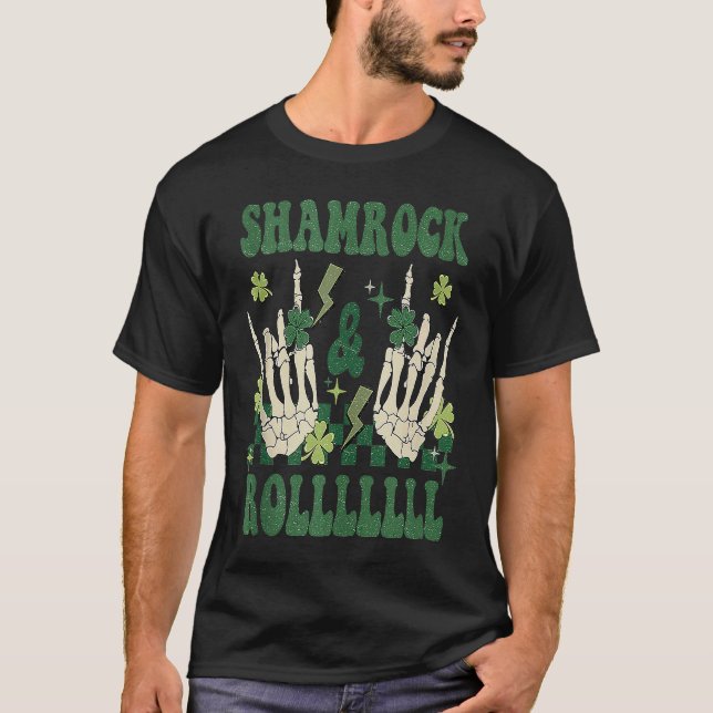 SHAMROCK & ROLLLLLL Heavy Metal Punk Rock St Patri T-Shirt (Front)