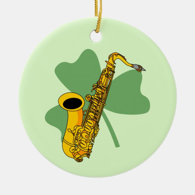 Shamrock Saxophone Ceramic Tree Decoration (Front)