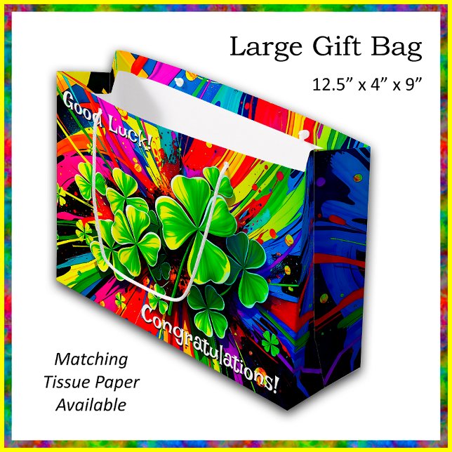 [Shamrock Splash] Rainbow Colours Paint Splatter Large Gift Bag (Customize the optional text fields for any occasion or leave blank. )