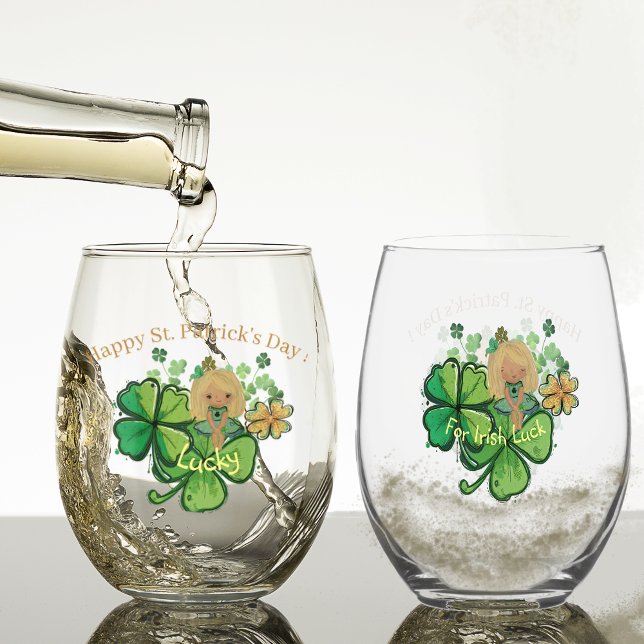 Shamrock ST Patrick  Stemless Wine Glass (Shamrock ST Patrick's Day stemless Glass with girl holding shamrock leaf, for Irish luck)