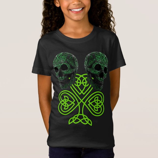 Shamrock St Patricks Day Irish Celtic Knot Skulls T-Shirt (Front)