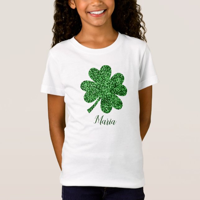 Shamrock St Patricks Day Kid's Faux Glitter T-Shirt (Front)