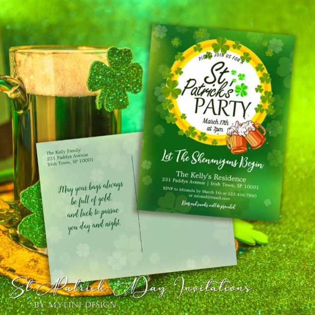 Shamrocks and Beer St. Patrick's Day Invitation Postcard (Creator Uploaded)