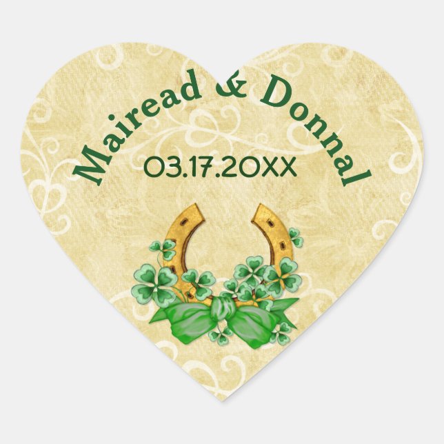 Shamrocks and Gold Irish Wedding Heart Sticker (Front)