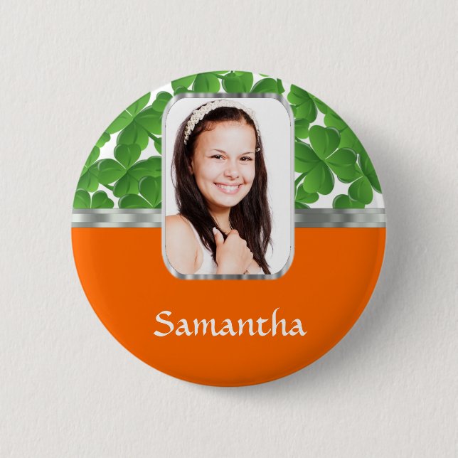 Shamrocks and orange 6 cm round badge (Front)