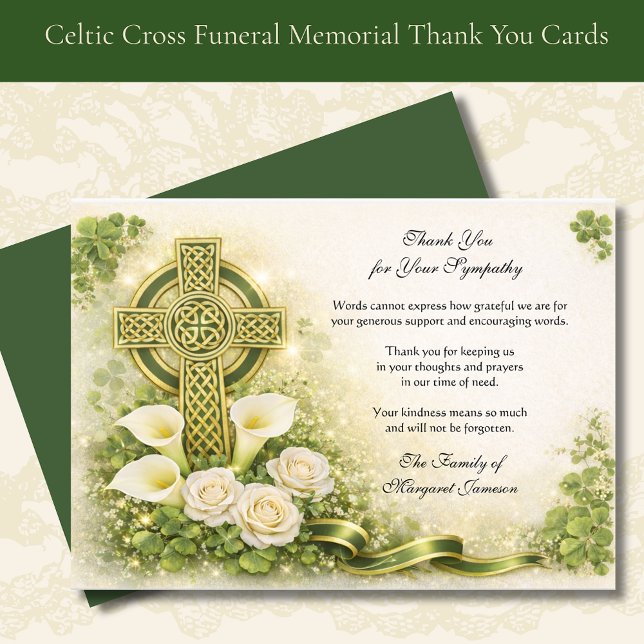 Shamrocks Catholic Irish Celtic Cross Condolence  Thank You Card (Creator Uploaded)