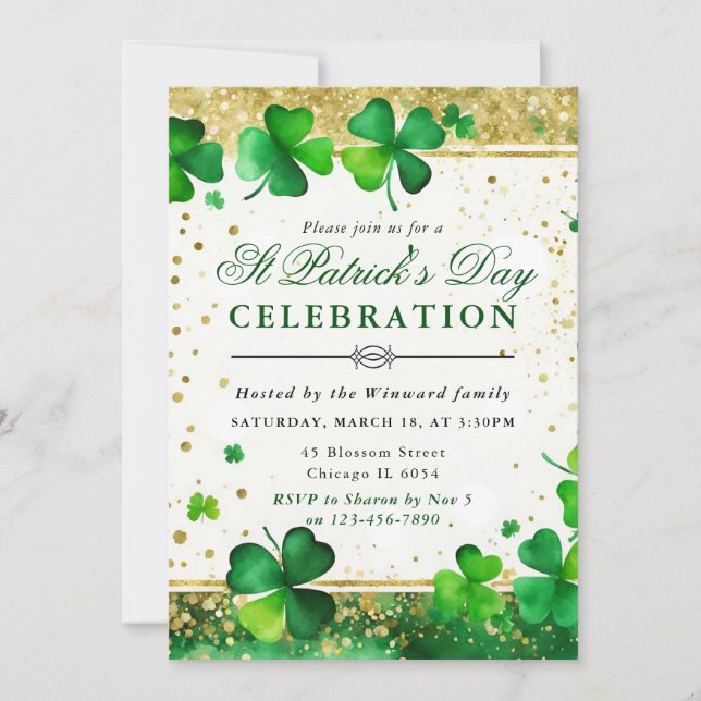Shamrocks & Gold Glitter Accents St Patrick's Day Invitation (Front)